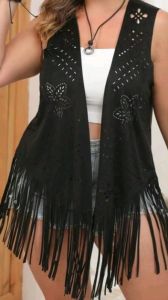 Adult Female Costumes to Hire - Waistcoat- BLACK - cutout with fringe